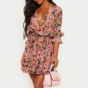 Oh Polly Dark Nude Floral Ruffle Pleated Skater Dress Size 10